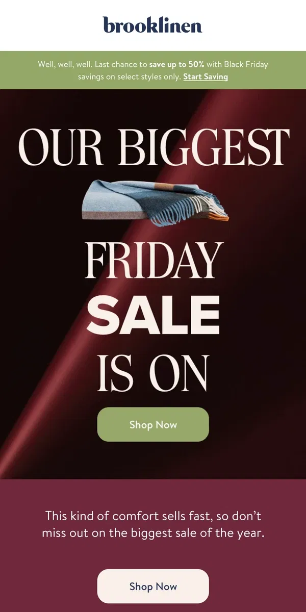 Email from Brooklinen. It’s Our Biggest Sale of The Year!