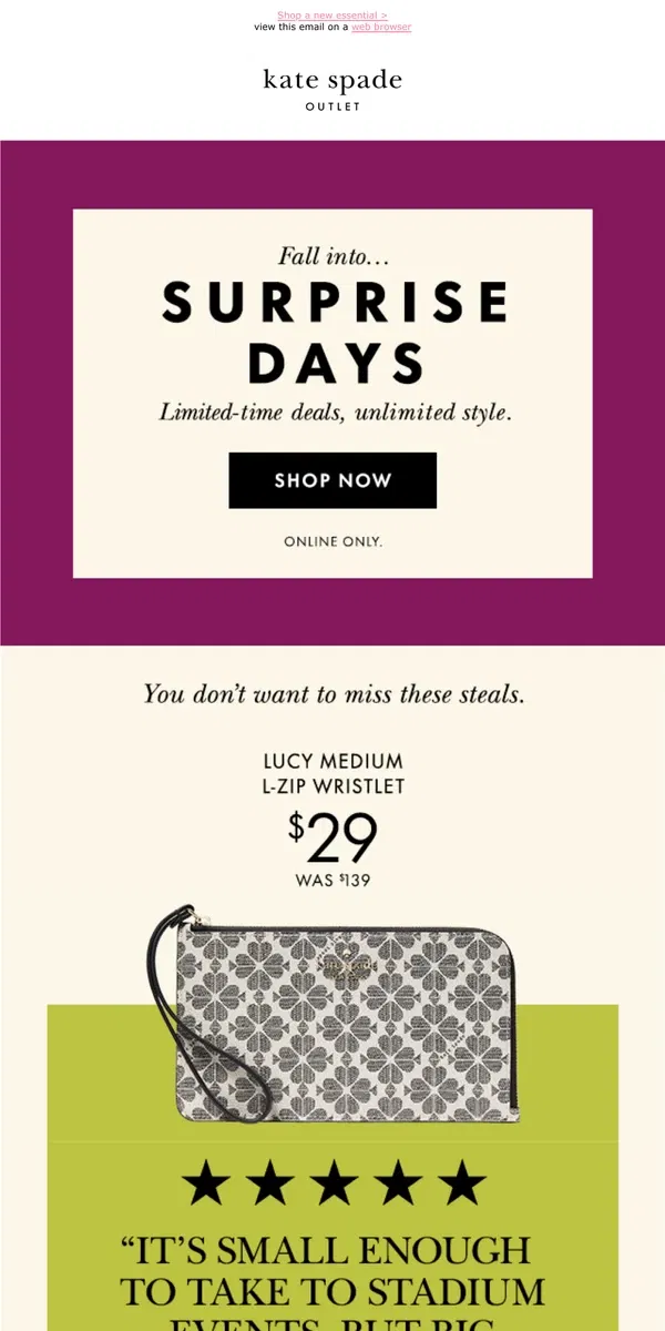 Email from Kate Spade. Flash deal: wristlets from $29!