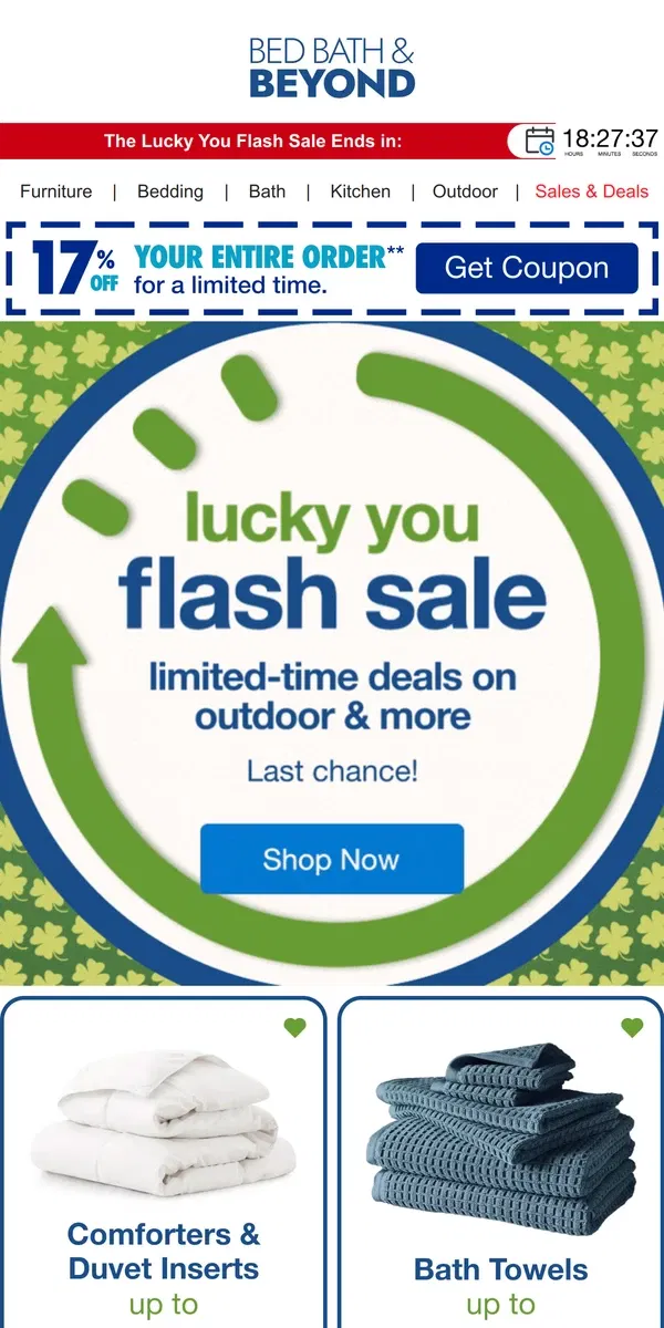 Email from Bed Bath & Beyond. Last Call to Save at the Lucky You Flash Sale 🍀