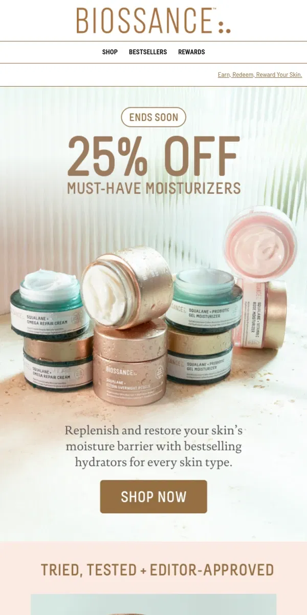 Email from Biossance. ⏰ Few hrs left! 25% OFF MOISTURIZERS