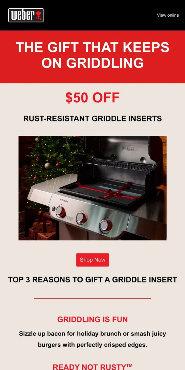 Email from Weber. Last 2 Days! $50 Off Rust-Resistant Griddle Inserts