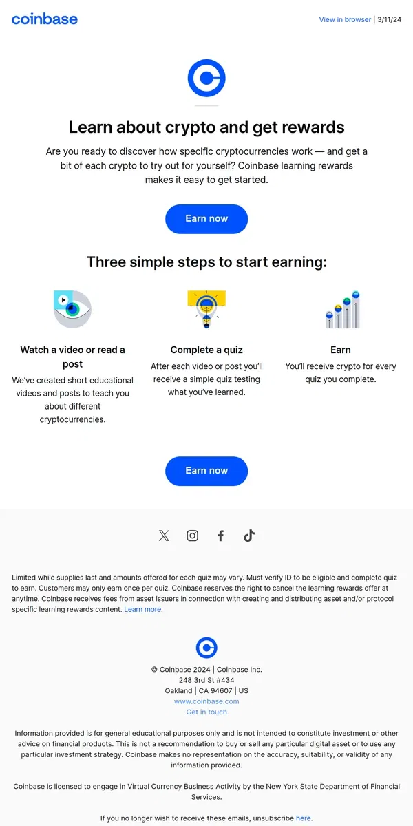 Email from Coinbase. Learn about crypto and get rewards