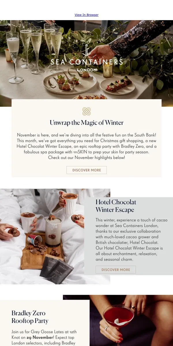 Email from Sea Containers London. 111SKIN Sleepover & New Hotel Chocolat Winter Escape ✨