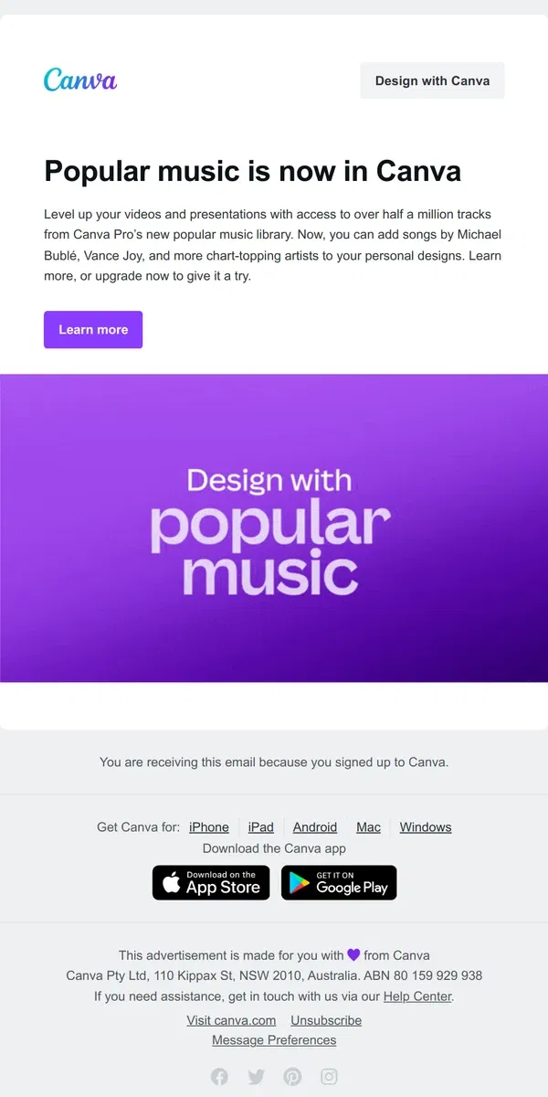 Email from Canva. Add hit songs to your Canva videos and designs