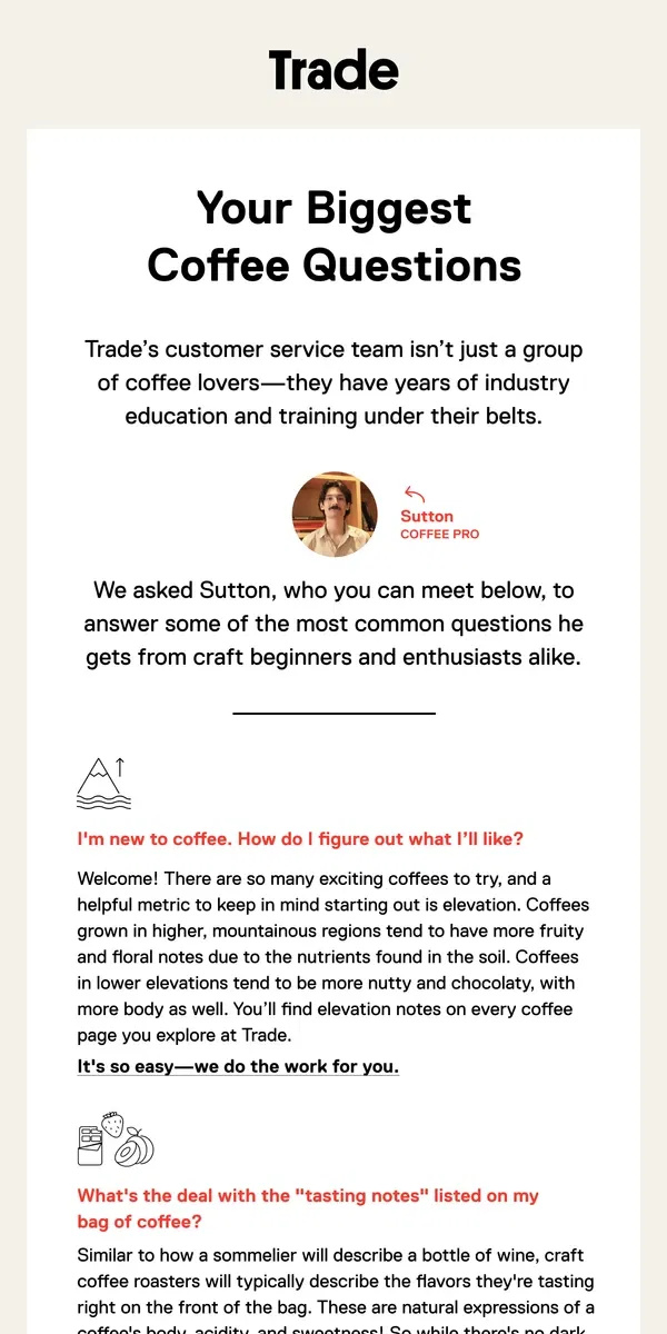 Email from Trade Coffee. Your Most Asked Questions