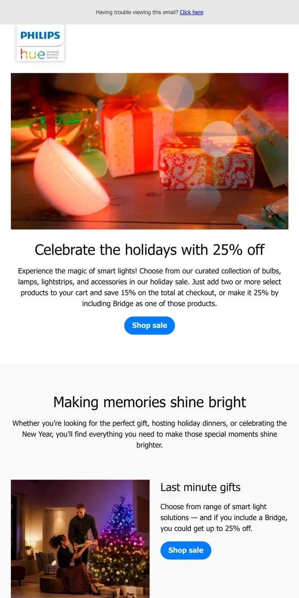 Email from Philips Hue. Get that holiday glow with 25% off our sale 🌟