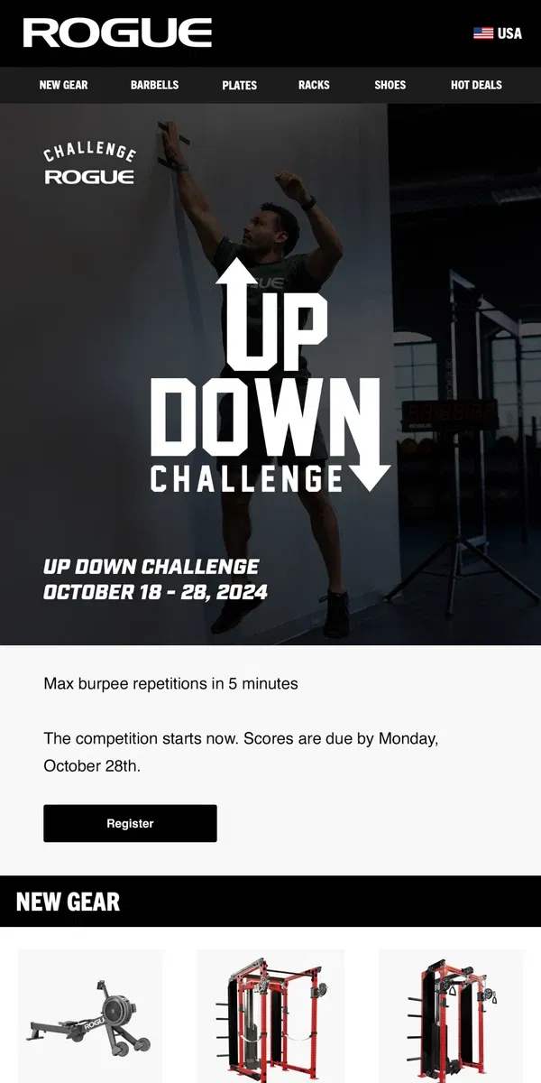 Email from Rogue Fitness. The Up Down Challenge Starts Now - Register & Submit Your Score!