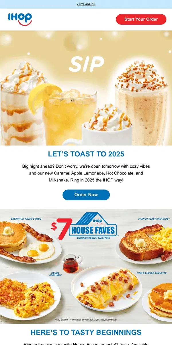 Email from IHOP. 🎊We’re Open on New Year’s Day!