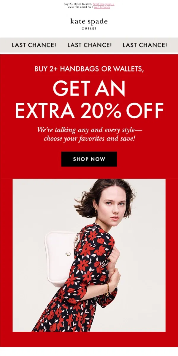 Email from Kate Spade. Ending soon! Get an extra 20% off bags + wallets