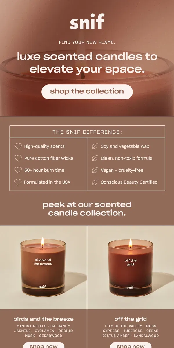 Email from Snif. Light up with clean, non-toxic candles.