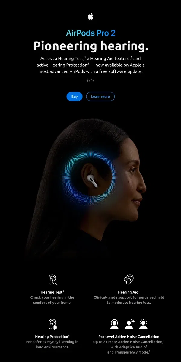 Email from Apple. AirPods Pro 2. Now with a clinical-grade Hearing Aid feature.