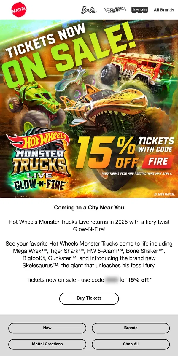 Email from Mattel Store. New for 2025: Hot Wheels Monster Trucks Live GLOW-n-FIRE