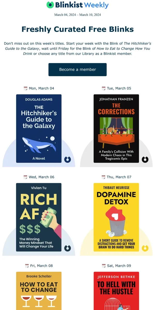 Email from Blinkist. 📚 Upcoming Reads: Your free book summaries for next week!