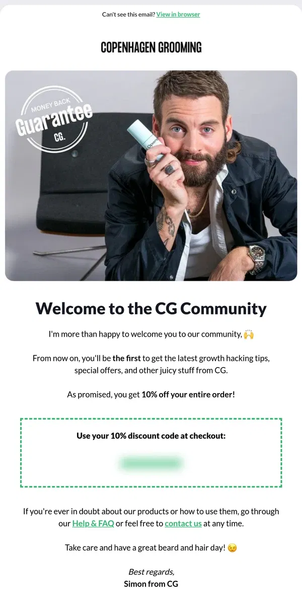 Email from Copenhagen Grooming. Here's your 10% discount code 🧔