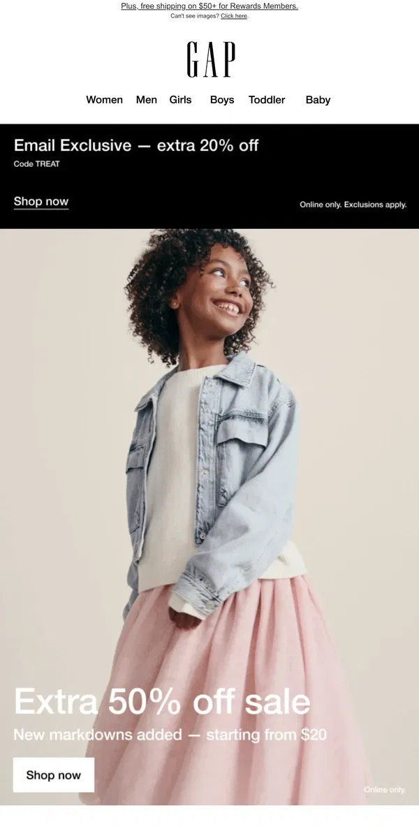 Email from GAP. We're giving you an extra 50% off + an exclusive email bonus