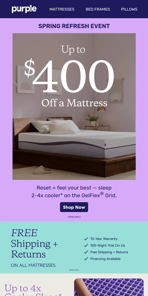 Email from Purple. Refresh & Save! Up to $400 Off a Mattress