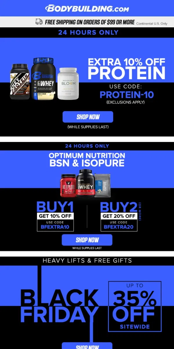 Email from Bodybuilding.com. 💥 Black Friday PROTEIN DEALS are here! 💥