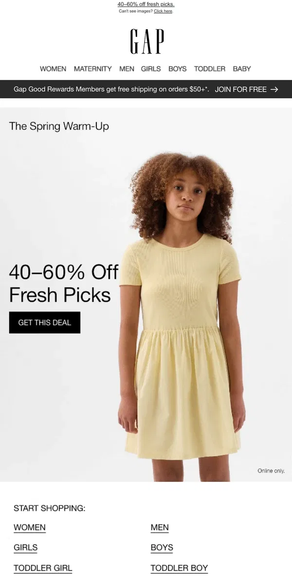 Email from GAP. Confirmed: you're receiving 40–60% off fresh picks for spring