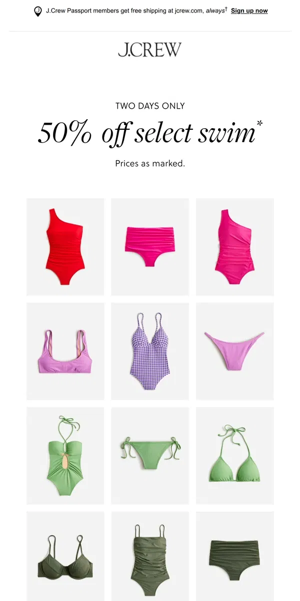 Email from J.Crew. (Swim)suit yourself: 50% off is on!