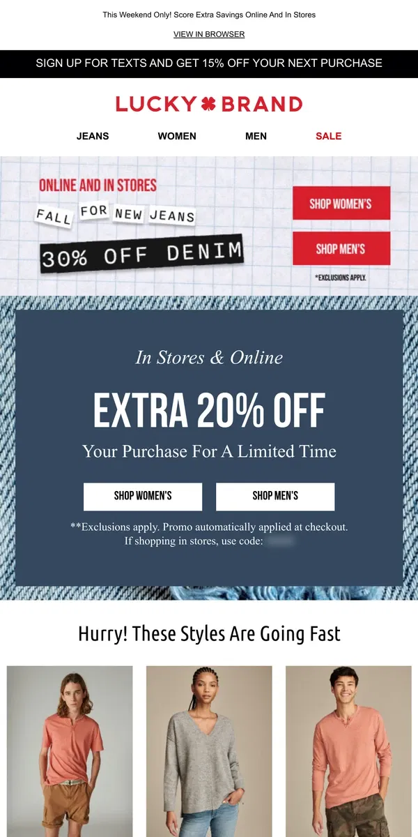 Email from Lucky Brand. Double Deals: 30% Off Denim + EXTRA 20% OFF