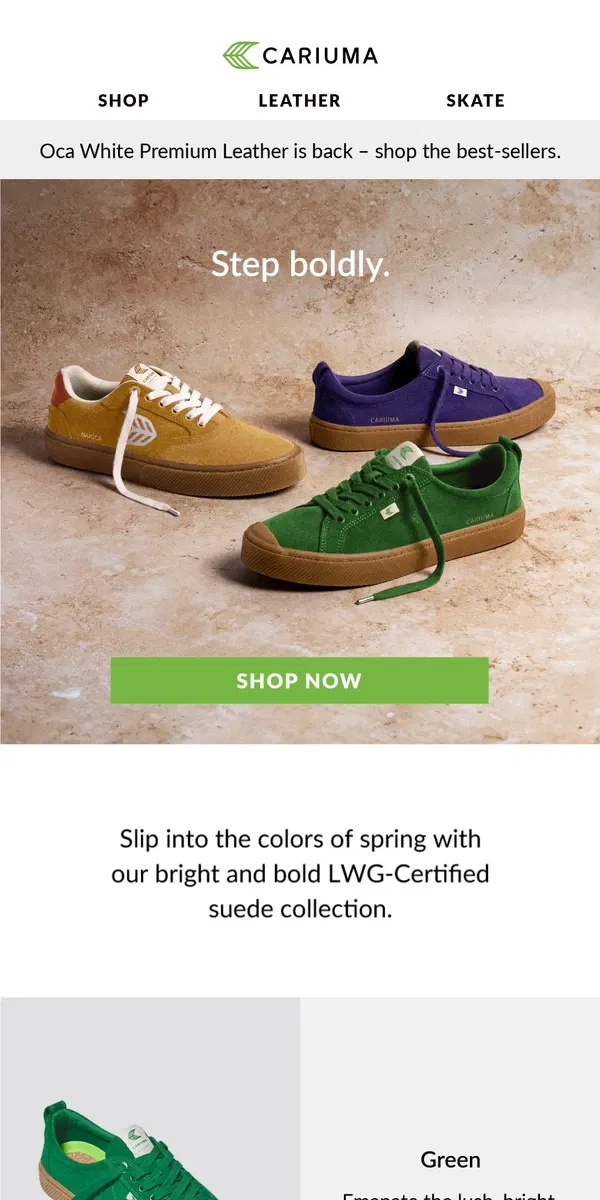 Email from Cariuma. NEW: Bright and Bold Suedes