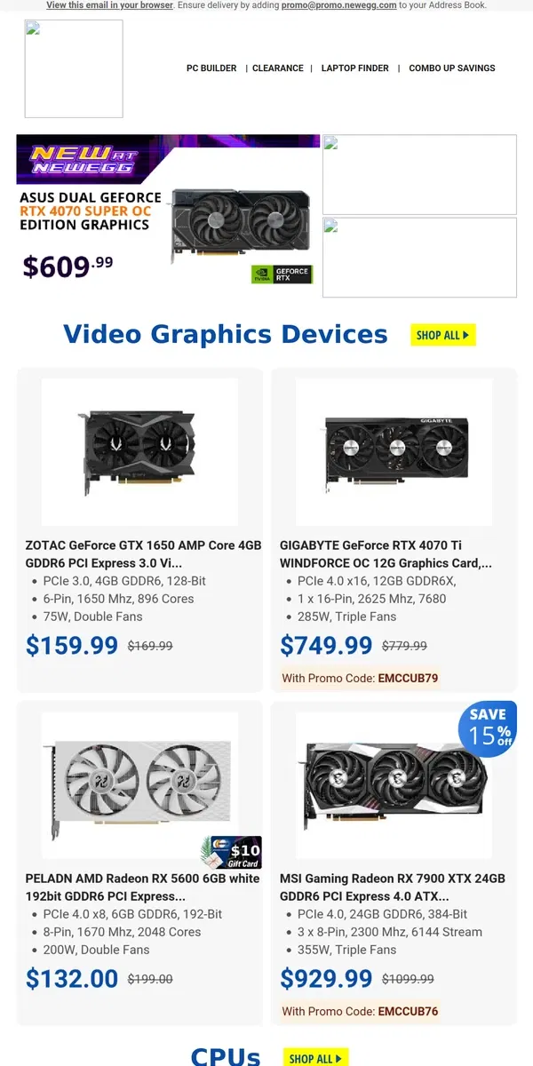 Email from Newegg. $126.99 Corsair Vengeance RGB! $929.99 MSI RX 7900 XTX Gaming