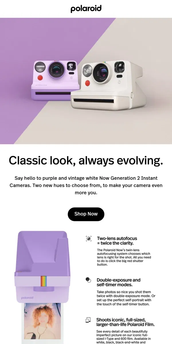 Email from Polaroid. Say hello to purple and vintage white  Now Instant Cameras