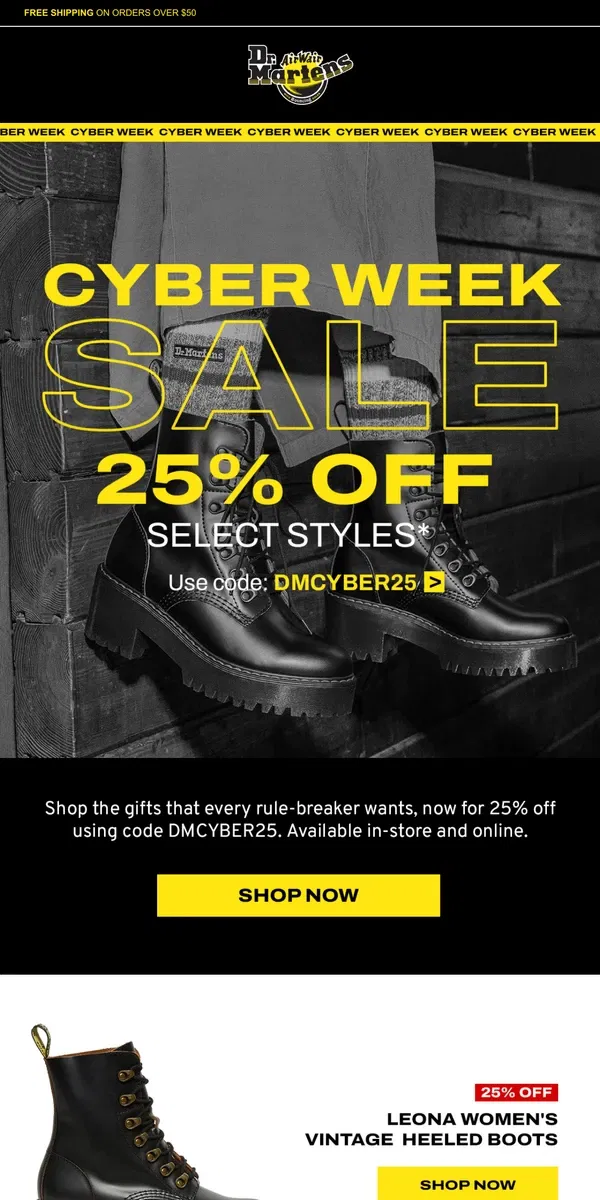 Email from Dr. Martens. Cyber Sale exclusives