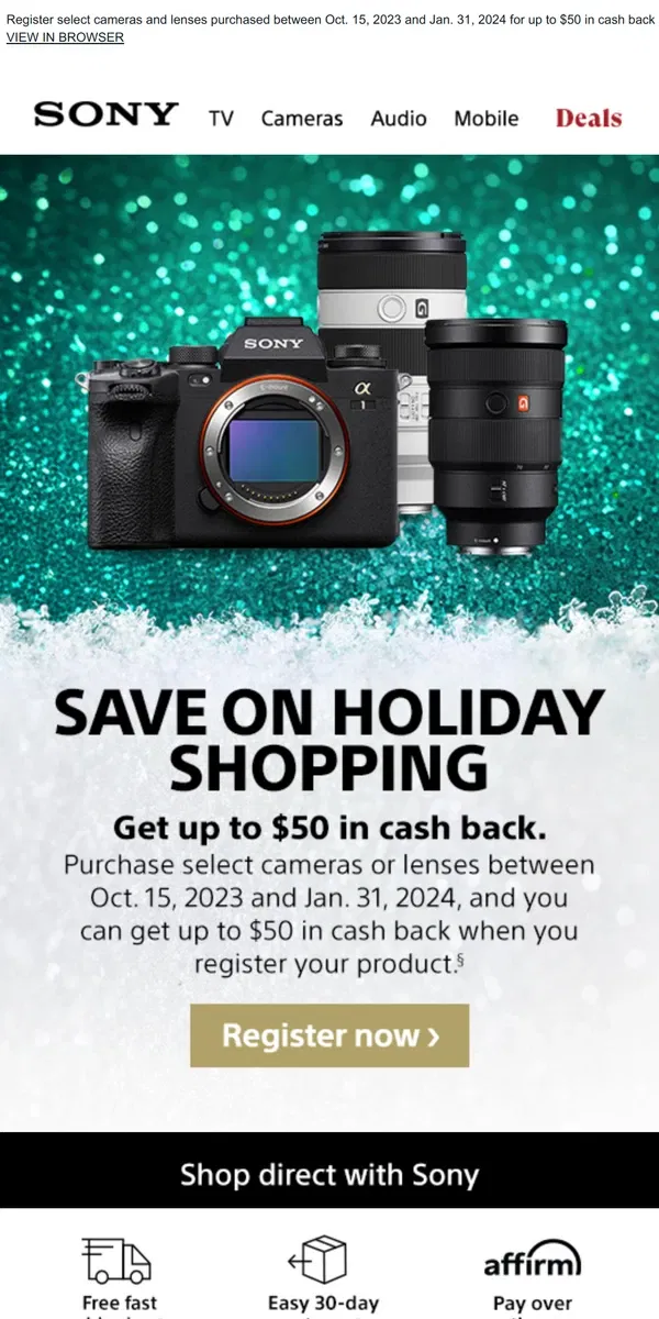 Email from Sony. Get Up to $50 in Cash Back on Select Cameras and Lenses