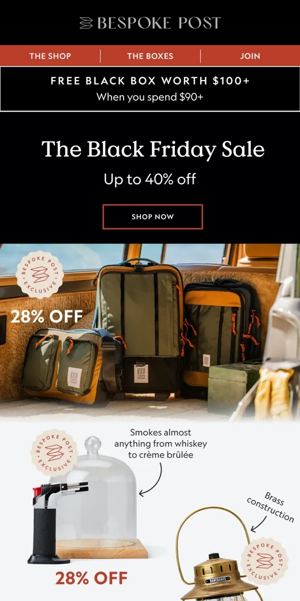 Email from Bespoke Post. The Black Friday Sale: Up to 40% Off