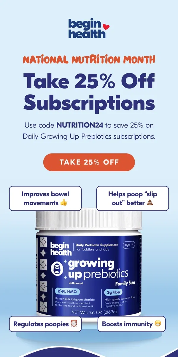 Email from Begin Health. 25% OFF For National Nutrition Month