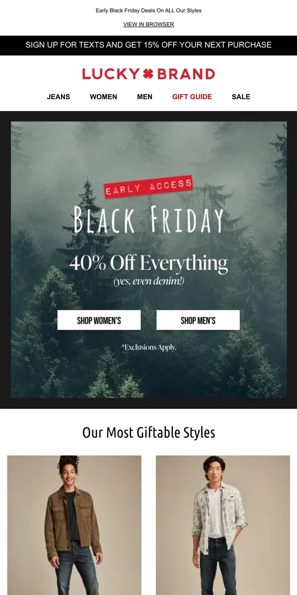 Email from Lucky Brand. BLACK FRIDAY EARLY ACCESS 👀 40% Off – Even Denim