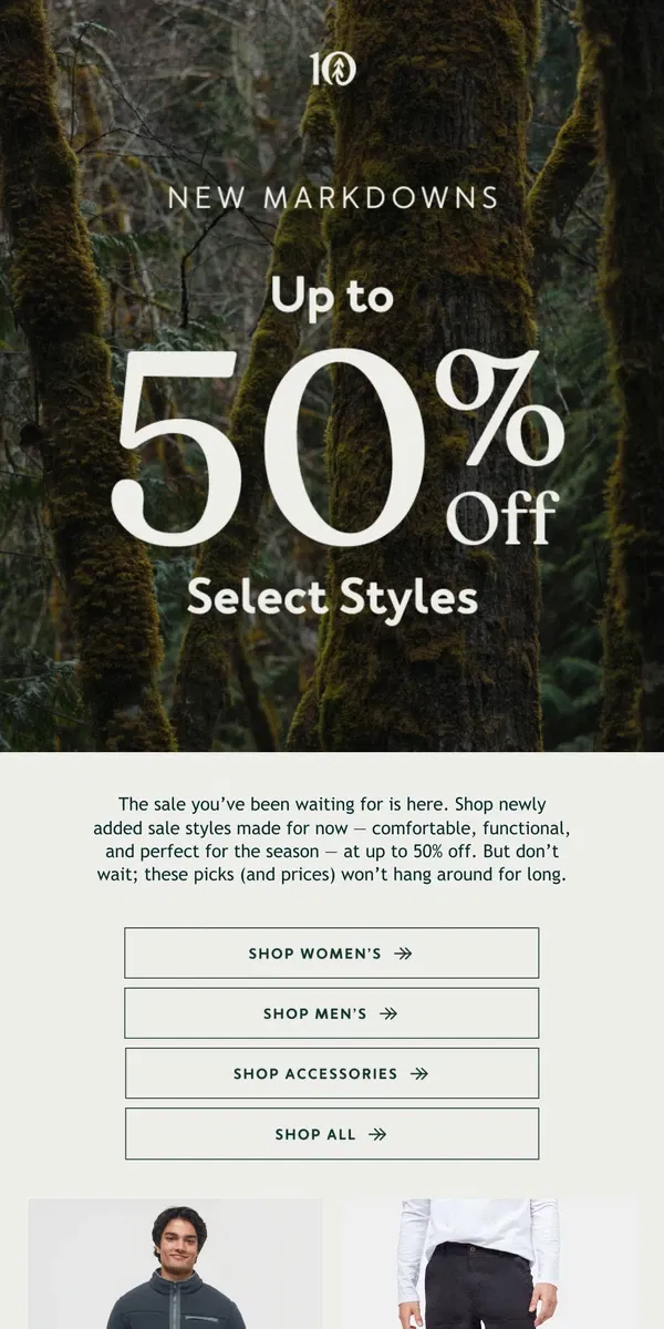 Email from tentree. New Markdowns: Up to 50% Off Select Styles