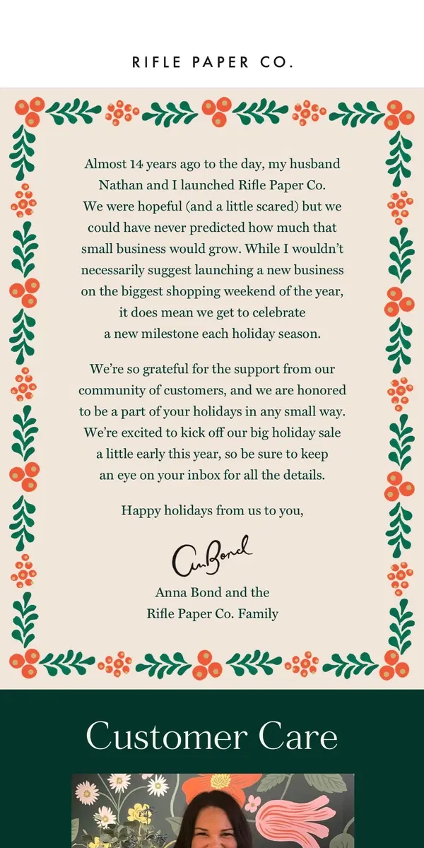 Email from Rifle Paper Co.. A Note from Anna Bond