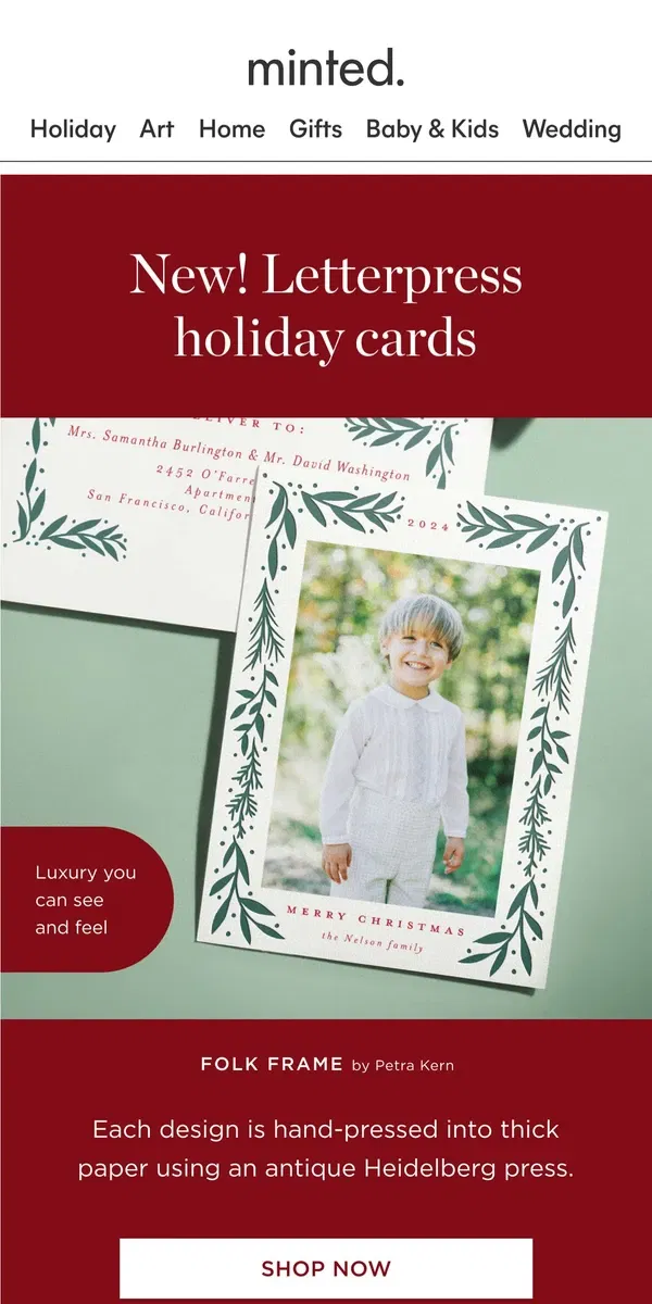 Email from Minted. New! Letterpress holiday cards