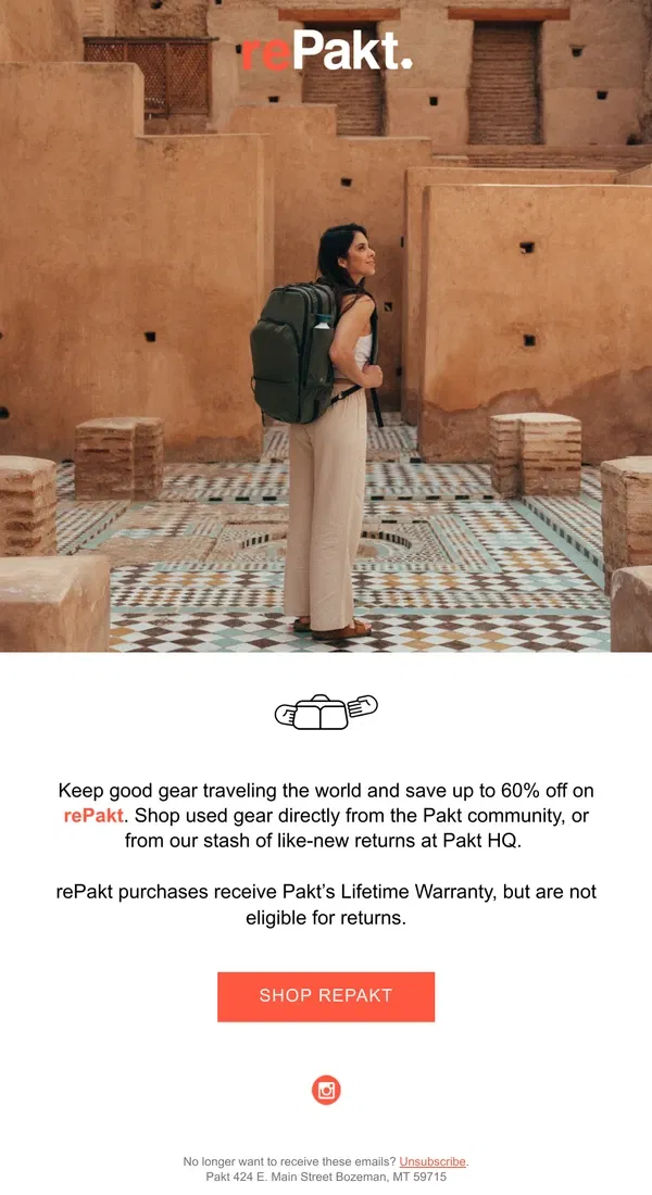 Email from Pakt. Pre-traveled gear, now up to 60% off  ♻️