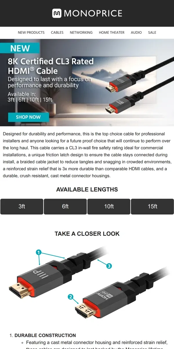 Email from Monoprice. NEW ARRIVALS | 8K Certified CL3 Rated HDMI Cables