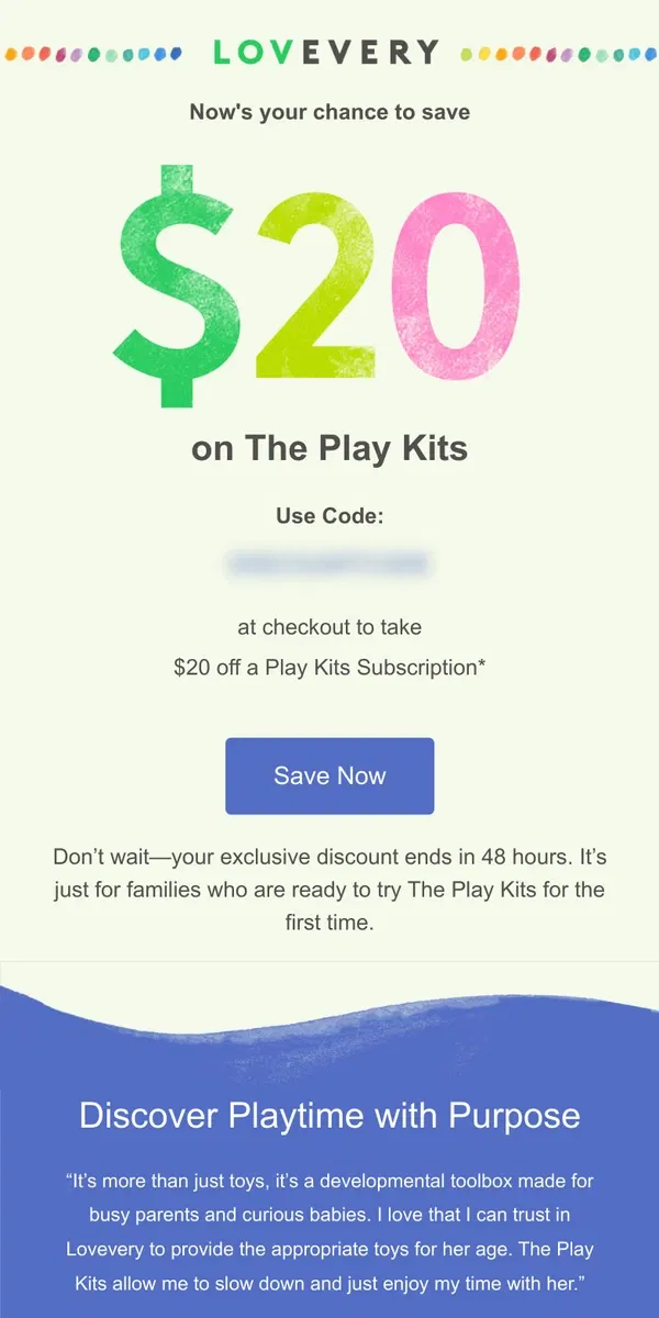 Email from Lovevery. $20 off The Play Kits