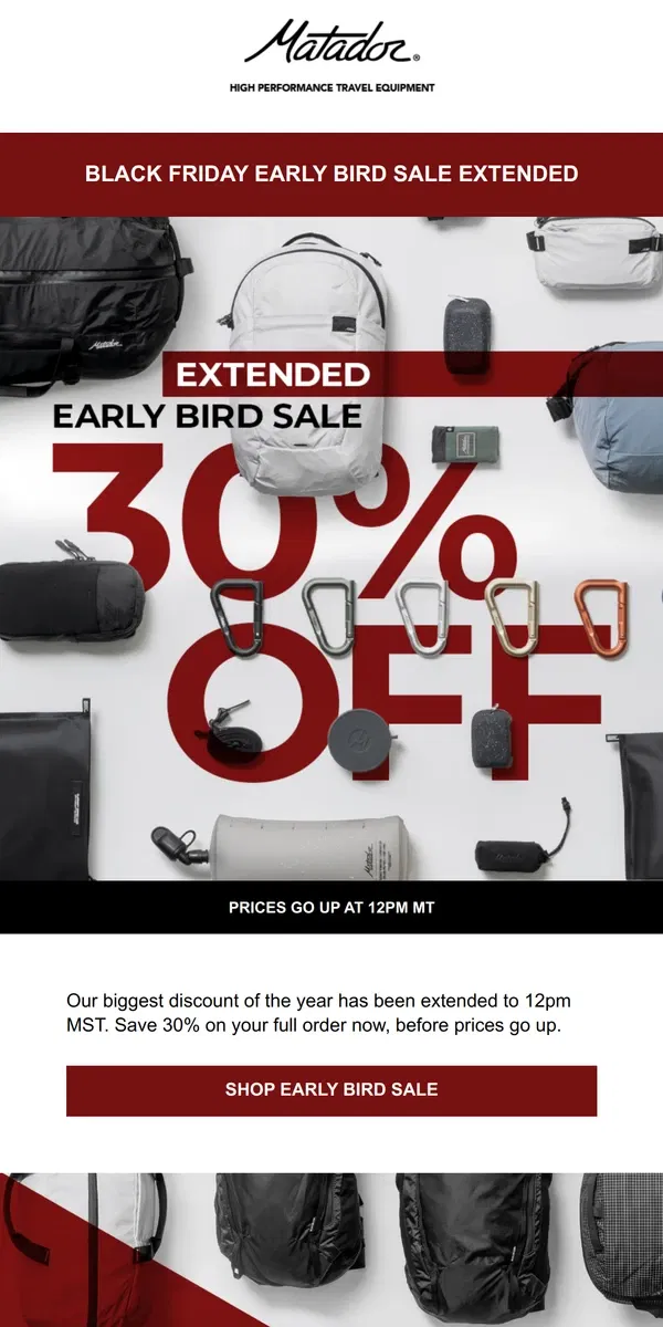 Email from Matador. 30% Off Ending Soon