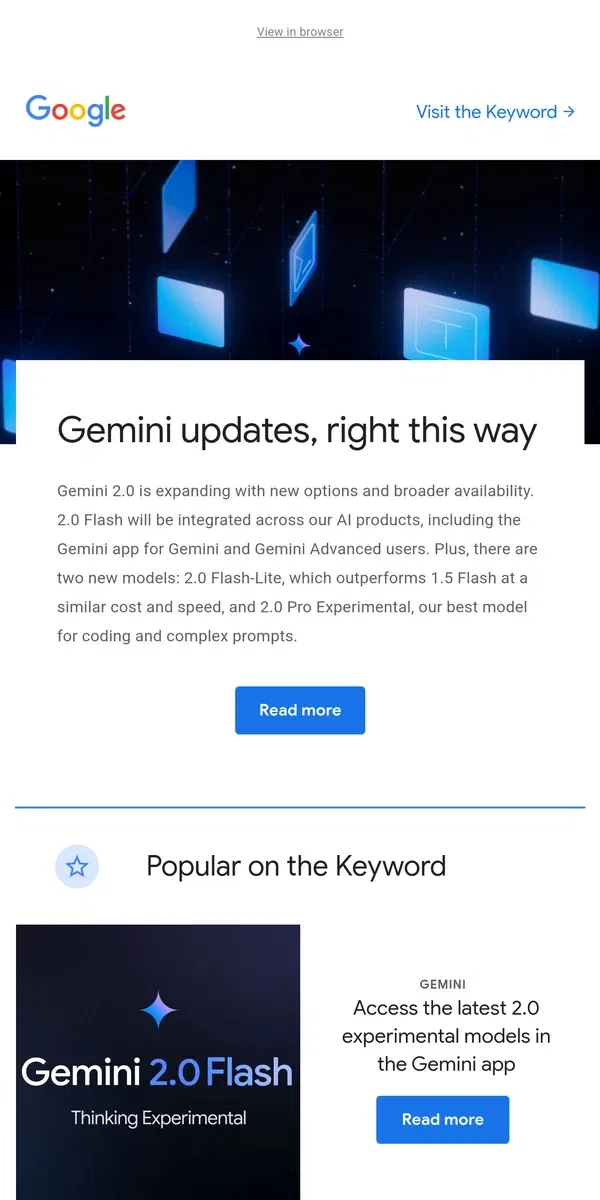 Email from Google. Gemini 2.0 is now available to everyone