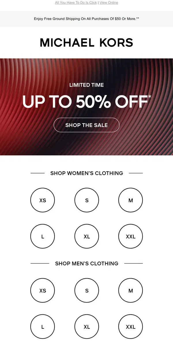 Email from Michael Kors. Outerwear In Your Size, Up To 50% Off