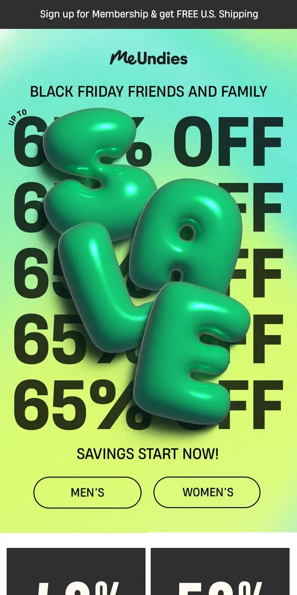 Email from MeUndies. Up to 65% Off EVERYTHING