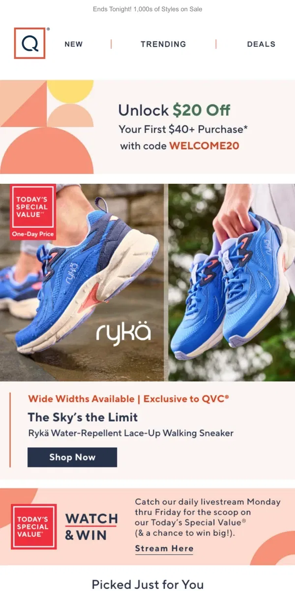 Email from QVC. One-Day Price from Rykä + Get $20 Off
