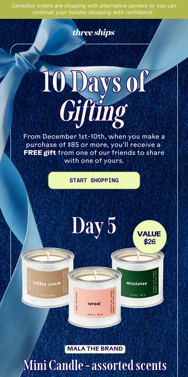 Email from Three Ships Beauty. 24HRS ONLY: Free Candle with Orders