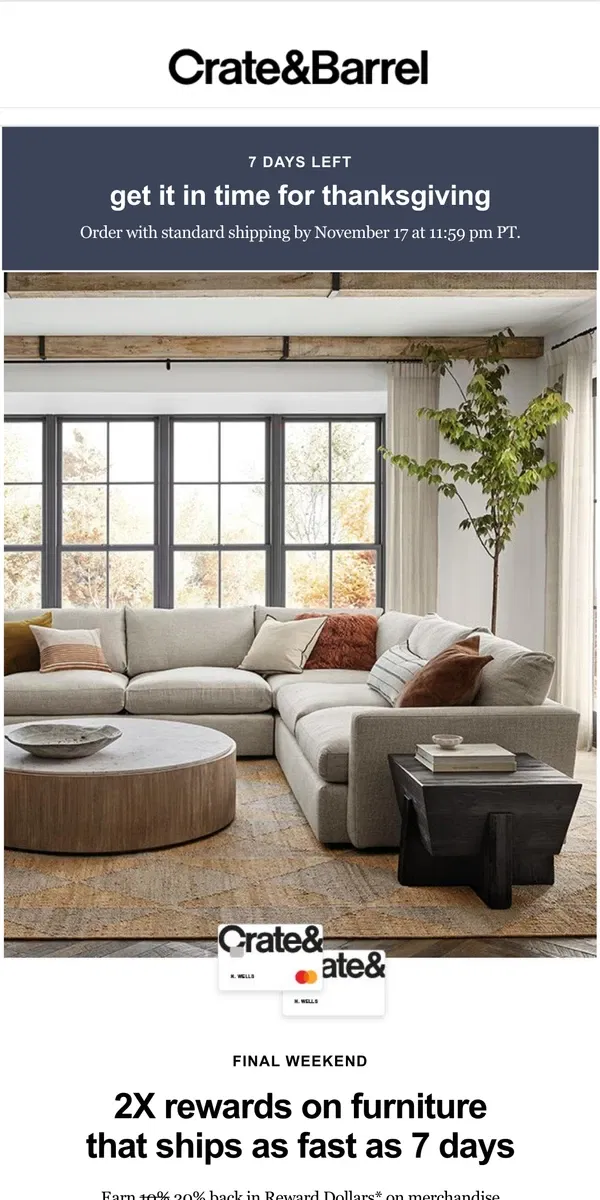 Email from Crate & Barrel. Furniture that gets there before your guests do →