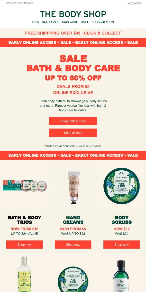 Email from The Body Shop. Bath & Body Care Up To 60% Off!