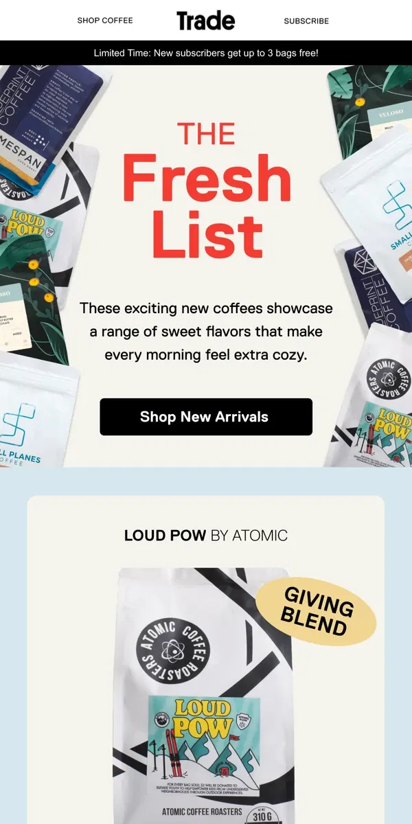 Email from Trade Coffee. The Fresh List: New to Us (and You!)