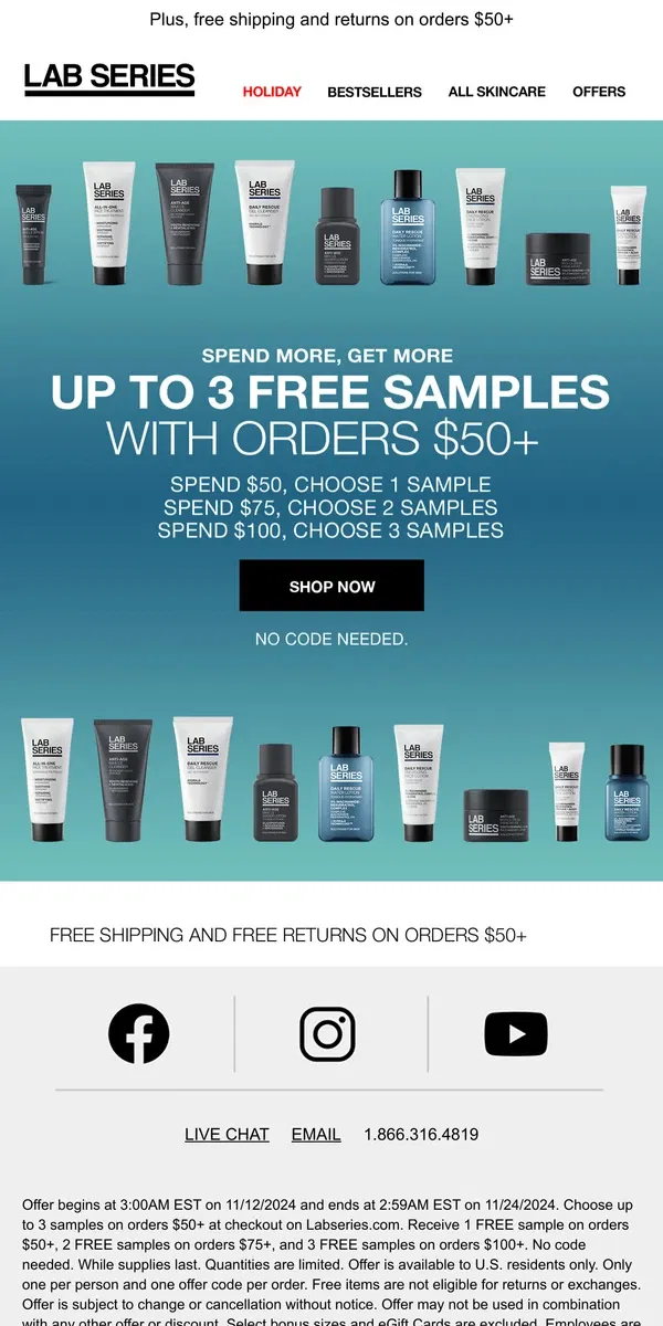 Email from Lab Series. Your choice of up to 3 samples on orders $50+