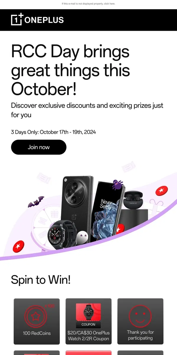 Email from OnePlus. RCC Day brings great things this October! 🎁