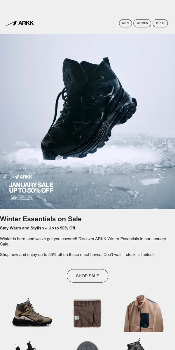 Email from ARKK Copenhagen. Winter Essentials: Stay Warm with Up to 50% Off